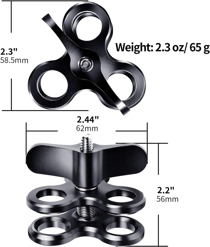 LetonPower 3-Hole 1" Aluminum Underwater Camera Clamp Ball Mount (2-Pack) - Underwater Bracket for Diving Light Arms & Camera Trays, Saltwater-Resistant Adapter for Scuba Photography/Videography Gear - Image 4